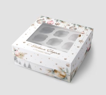 Коробка с окном под 9 капкейков Снежный праздник, 250х250х100 (крышка/дно)